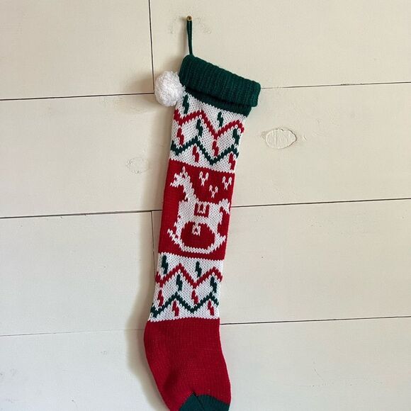 Vintage hand knit rocking horse Christmas stocking - Picture 1 of 5